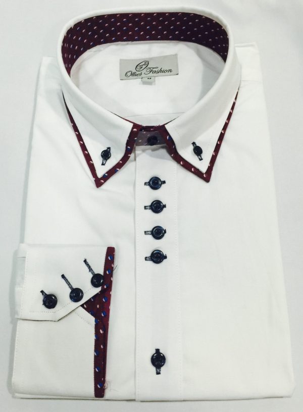 Mens Burgundy Double Collar White Dress Shirt