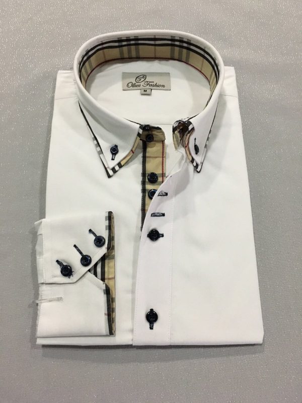 Mens Plaid Double Collar White Dress Shirt