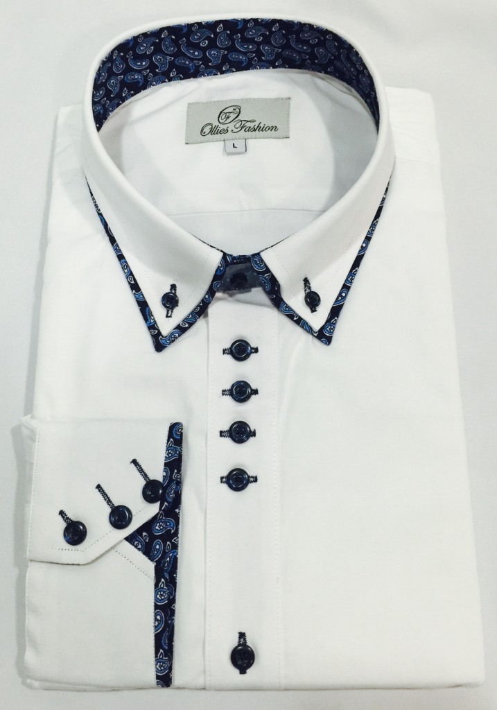 Mens Light Blue Paisley Double Collar White Dress Shirt, 100% Cotton
