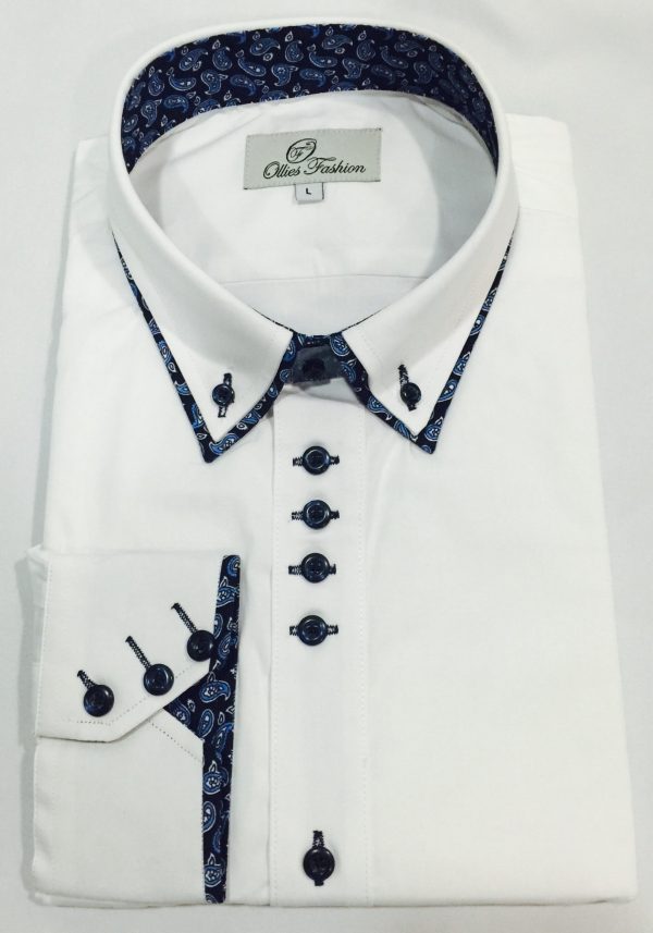 Mens Light Blue Paisley Double Collar White Dress Shirt